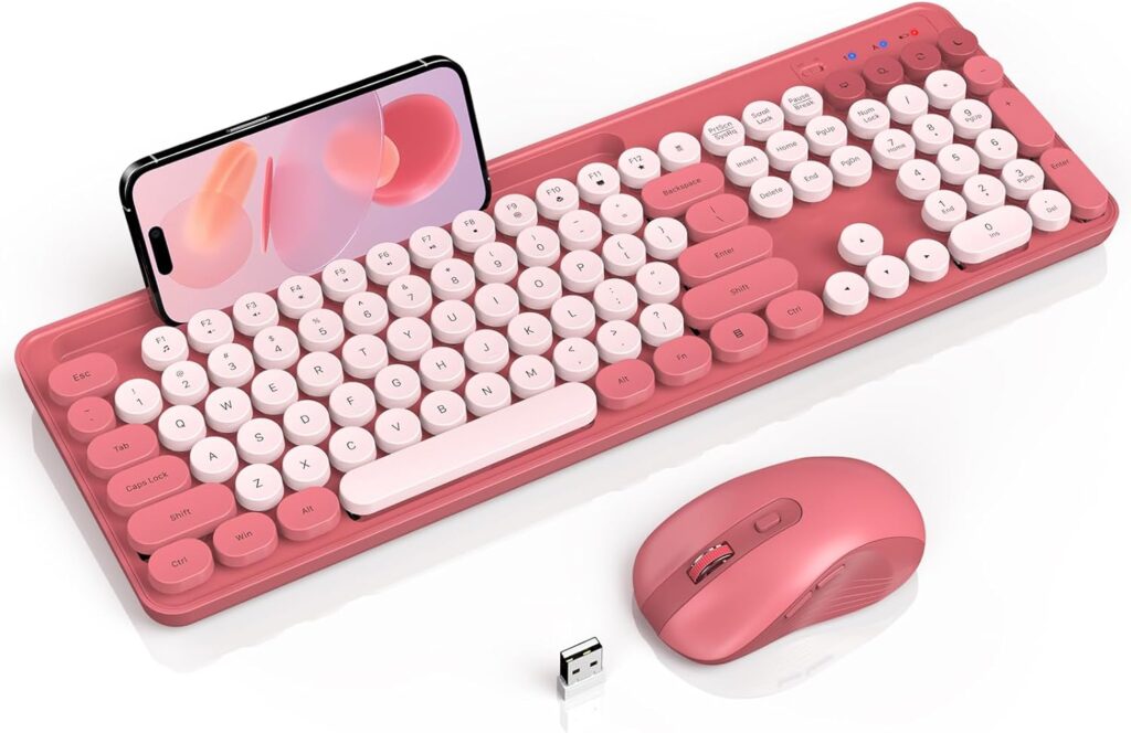 Retro Round Keycap Typewriter Keyboard with Phone/Tablet Holder and Mouse