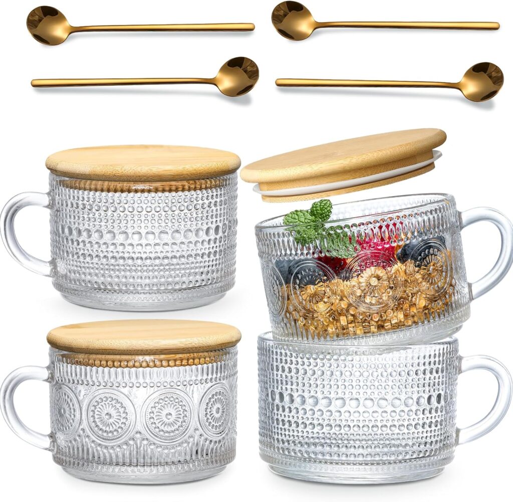 LANDNEOO 4pcs Set Vintage Coffee Mugs with Bamboo Lids and Spoons