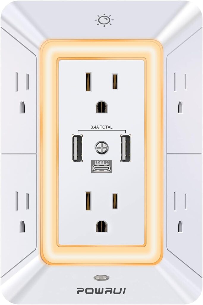 Multi Plug Outlet Surge Protector - with 3 USB Ports (1 USB-C) and Nightlight