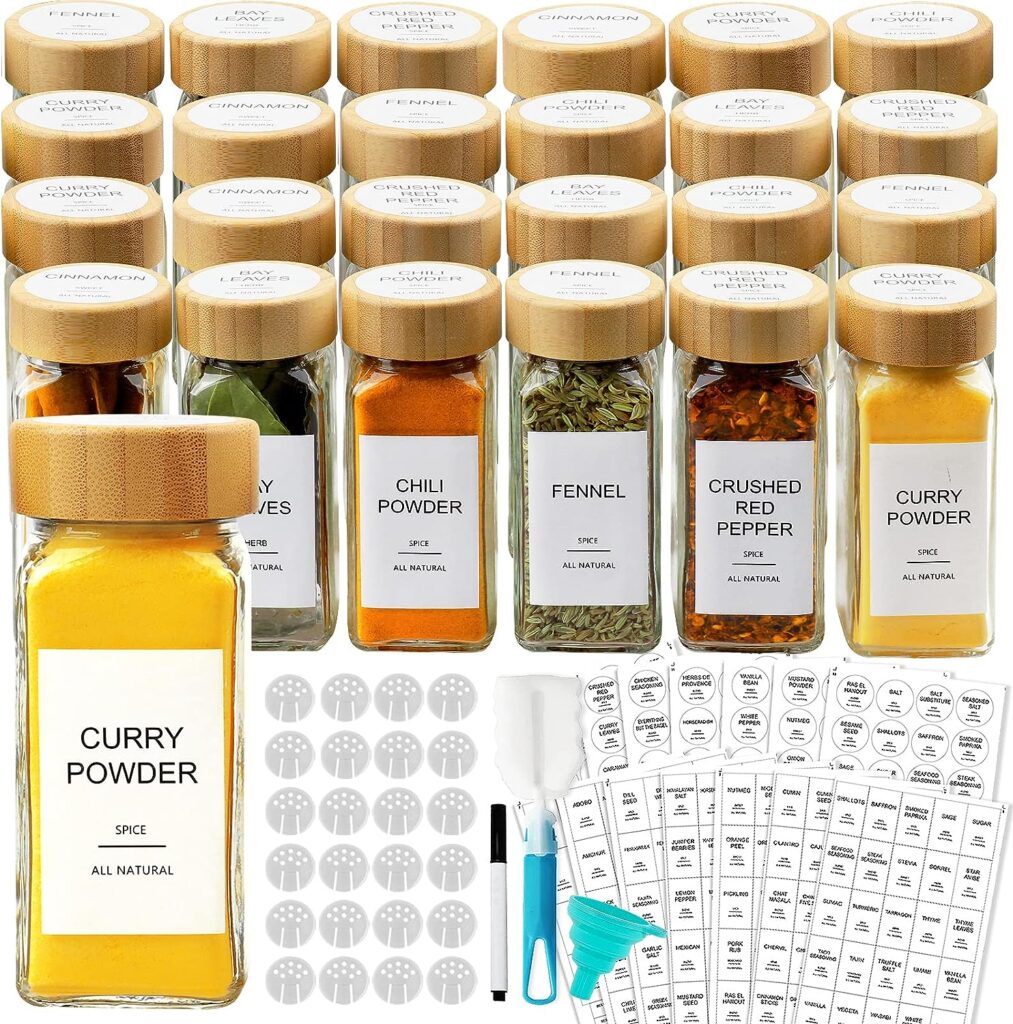 AISIPRIN 24 Pcs Glass Spice Jars with Bamboo Airtight Lids and 398 Labels