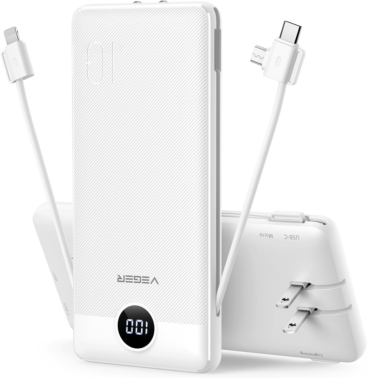 VEGER Portable Charger for iPhone Built in Cables and Wall Plug