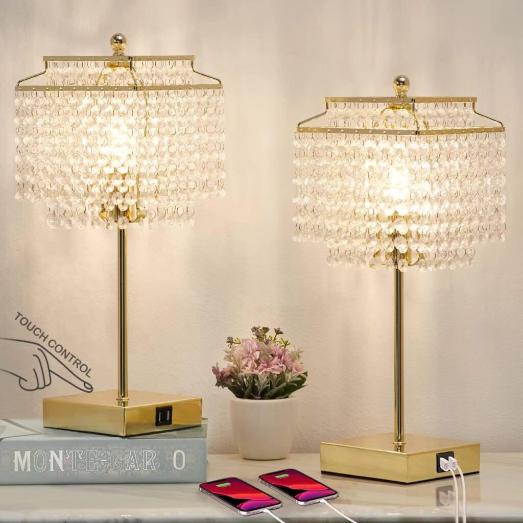 Luvkczc Set of 2 USB Bedside Crystal Table Lamp Gold, Touch Control
