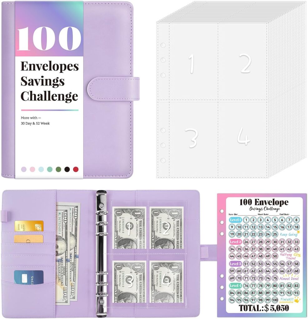 Sooez 100 Envelopes Money Saving Challenge, Savings Challenges Book with Envelopes & Challenge Tracker