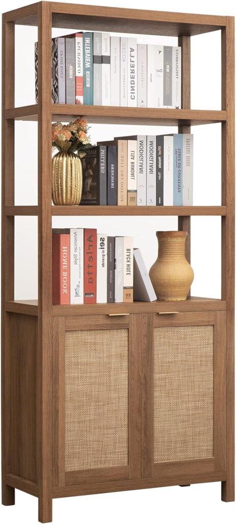 SICOTAS 5 Tier Rattan Boho Tall Bookcase