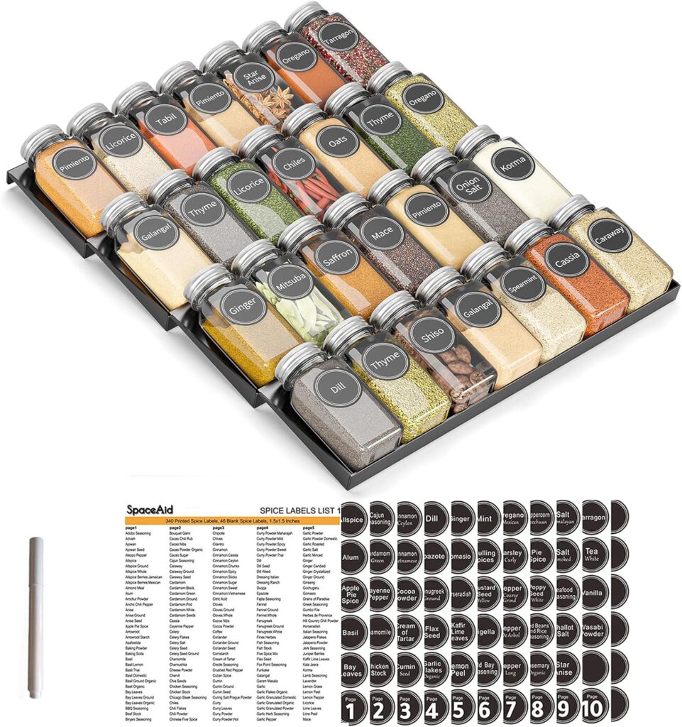 SpaceAid Spice Drawer Organizer with 28 Spice Jars