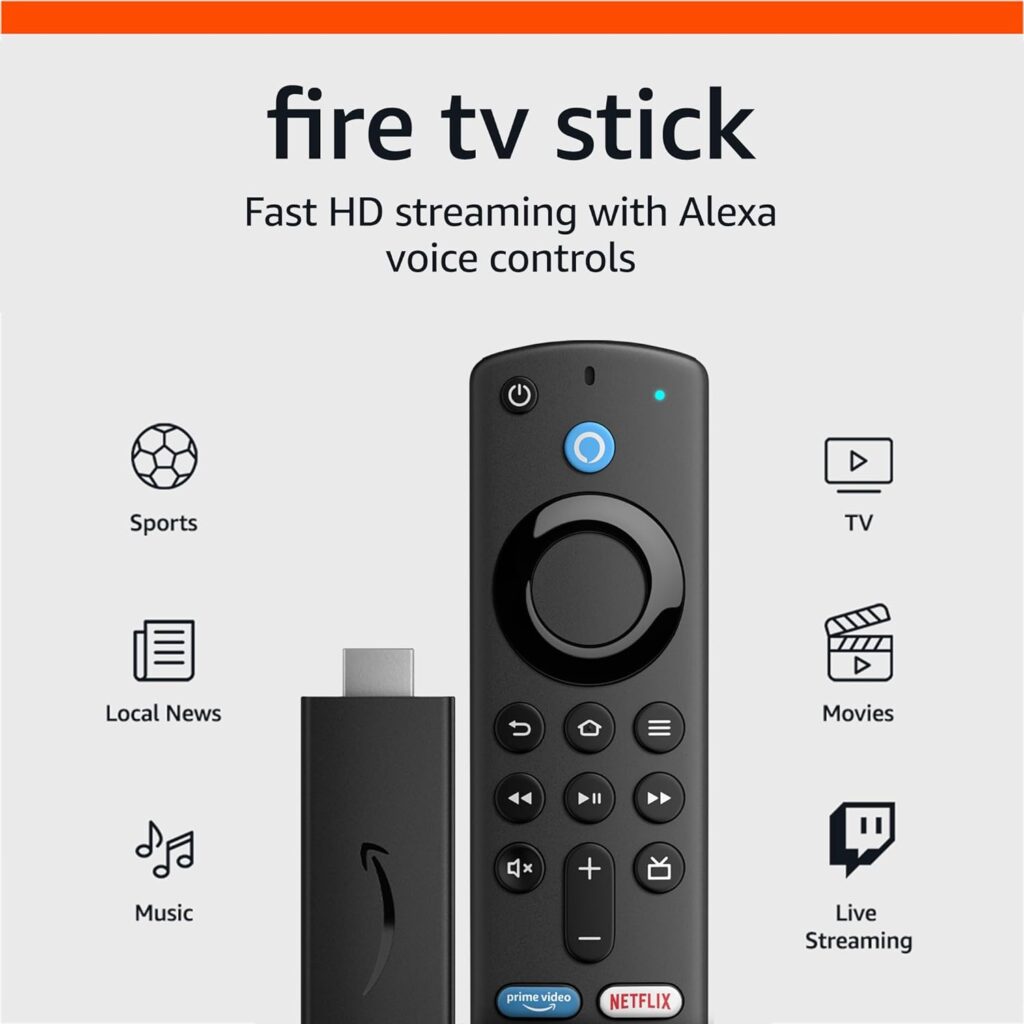 Amazon Fire TV Stick (newest model) HD, sharp picture quality, fast streaming, free & live TV, Alexa Voice Remote with TV controls