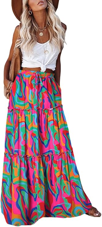 EARKOHA Womens Casual High Waist Tie Paisley Print Long Maxi Skirt with Pockets