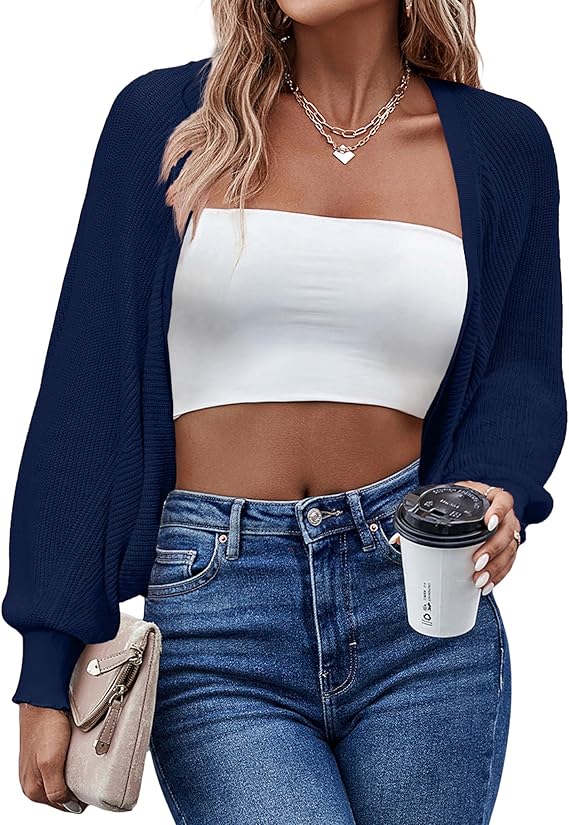 HOTOUCH Women's Cardigan Shrugs Long Batwing Sleeve Knitted Cropped Bolero Open Front Casual Elegant Cardigans for Dresses