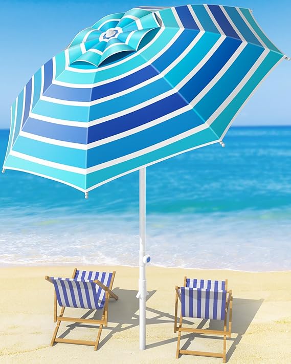 8FT Large Beach Umbrella with Heavy Duty Sand Anchor & Tilt Sun Shelter, Wind Resistance, UPF50+ UV Protection, Waterproof Canopy, Portable for Beach Outdoor Patio Yard Garden Pool