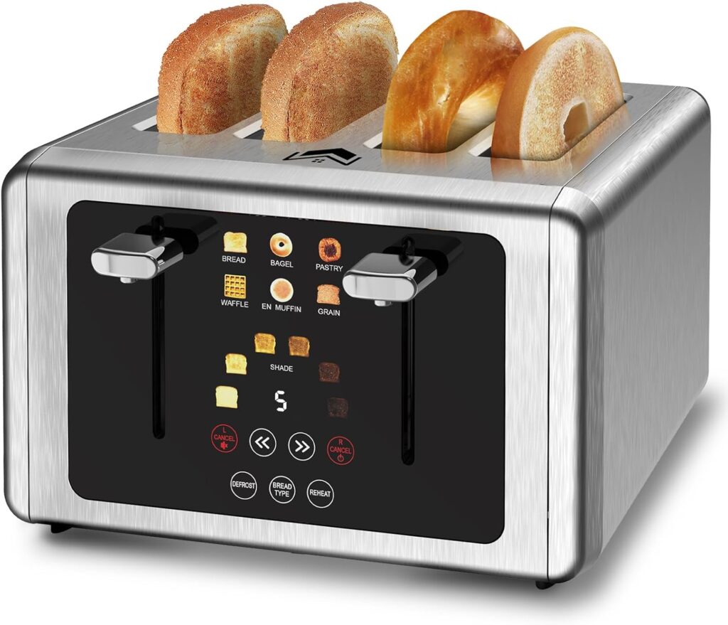 4 Slice Toaster, Touchscreen & Dual Independent Control Panel，5 Basic Functions & Digital Countdown Toasters, 6 Shade Settings＆6 Bread Types, Smart Bread Maker Mute/Screen-Off,Silver