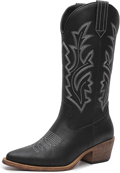GLOBALWIN Women's Mid Calf Western Cowboy Boots Cowgirl Boots for Women with Floral Embroidery Side Zipper Chunky Heel