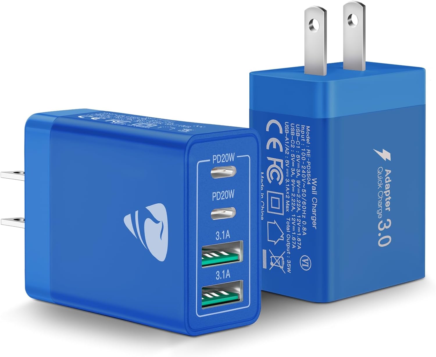 [2-Pack] USB C Wall Charger, 40W Fast USB C Charger Block, 4-Port PD + QC Wall Plug Multiport Type C Charging Block for iPhone 16 15 14 13 12 11 Pro Max XR XS 8 7, Tablets, Cellphones Cub