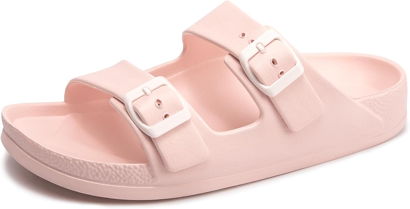 FUNKYMONKEY Women's Comfort Slides Double Buckle Adjustable Plastics Flat Sandals