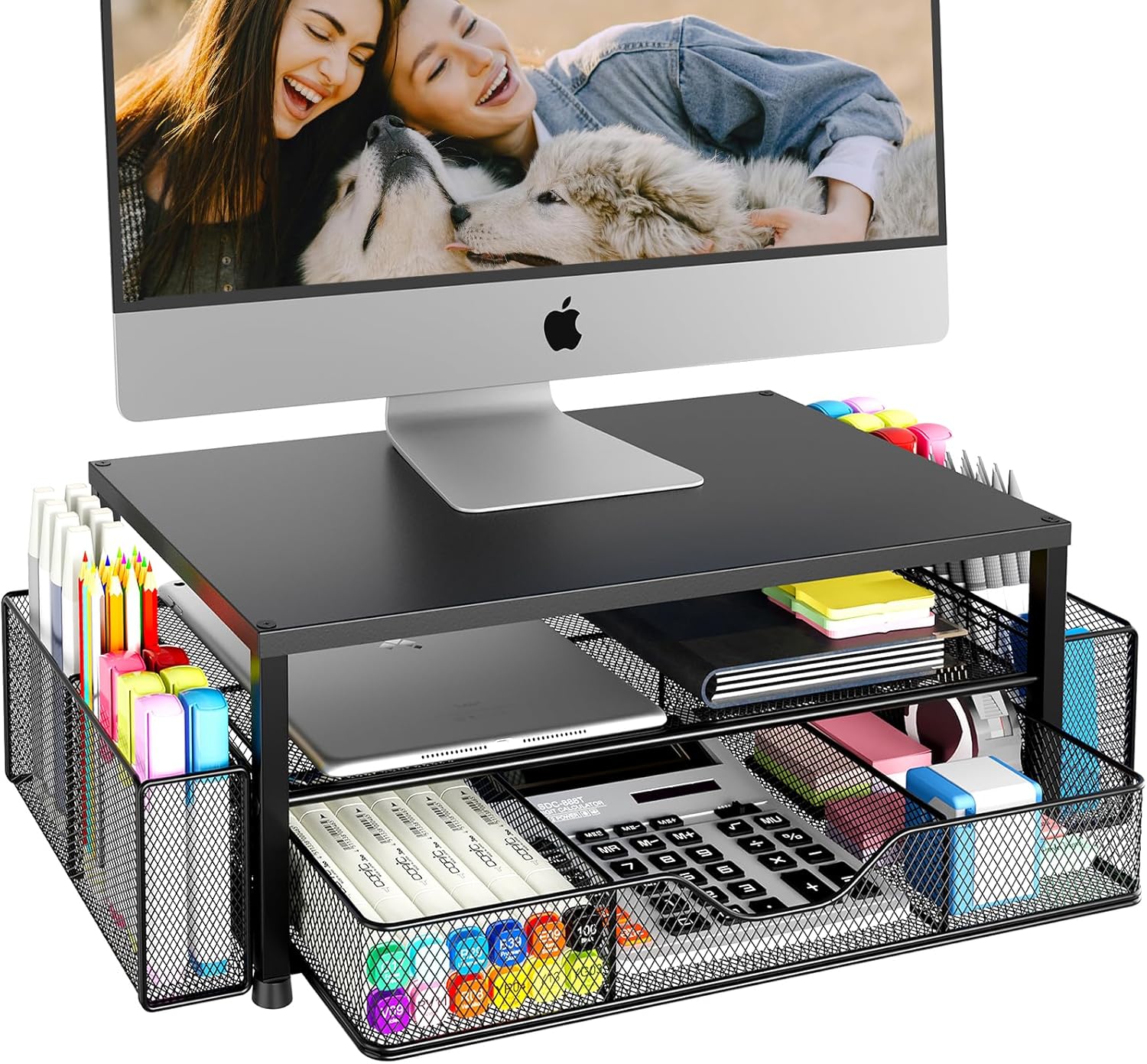 2-Tier Monitor Stand with Drawer & Pen Holders